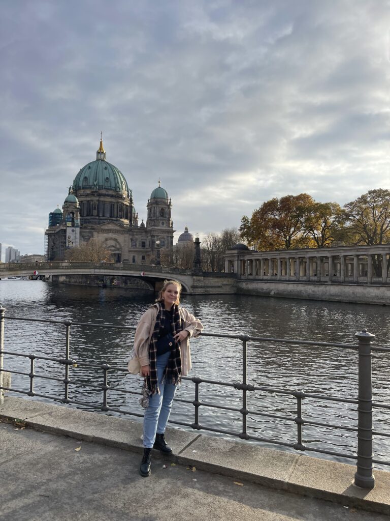 Posing infront of museum Island with a view of Berlin Cathedral