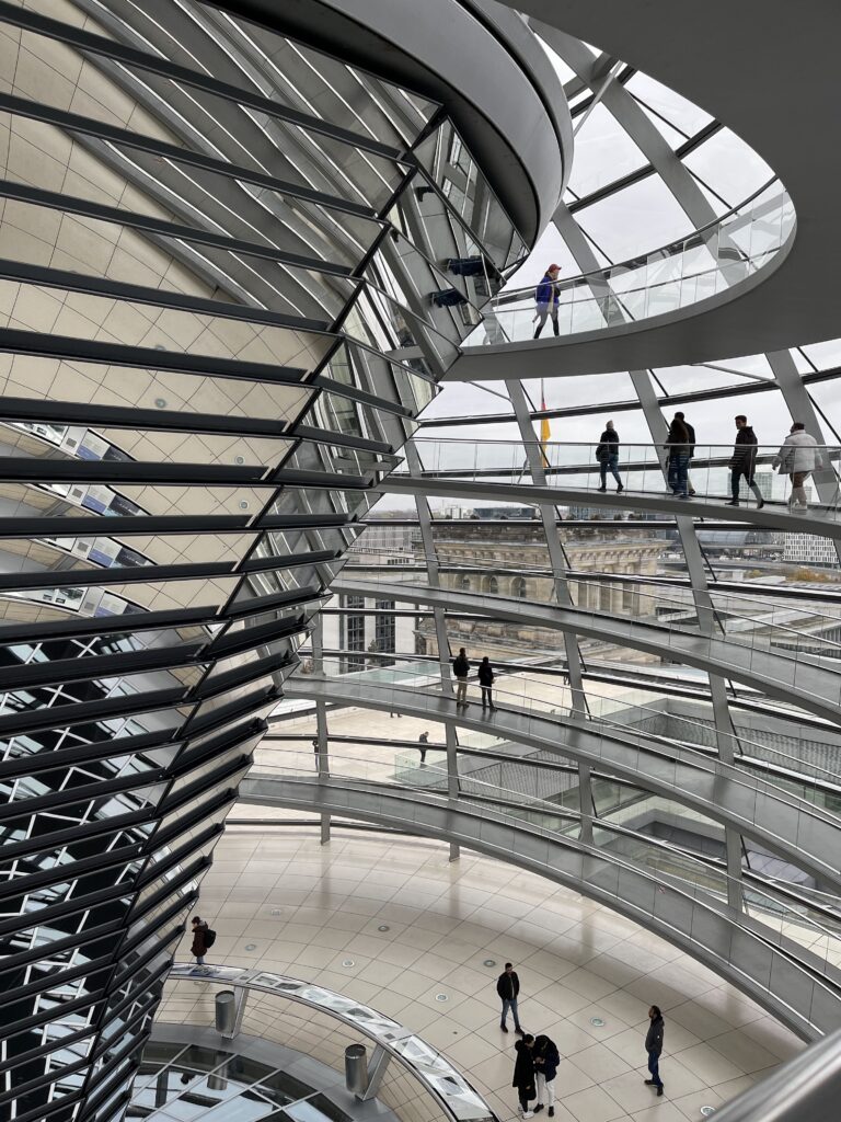 Mirrored glass and spiral pathway inside the Reichstag building in Berlin